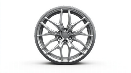 Wheel Rim: A close-up of a brand new, silver, modern car wheel rim on display, showcasing intricate design, smooth finish, perfect for vehicle advertising and automotive imagery.