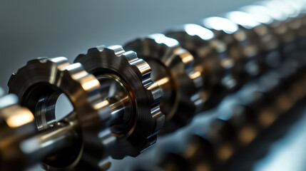 Precision Gears in Motion: A detailed close-up shot of precisely engineered gears in a machine, illustrating the intricacies of engineering and mechanics in an industrial context.