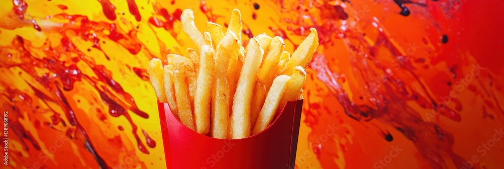Poster crispy golden french fries in a red container against colorful splashes