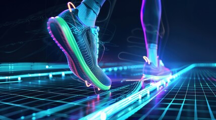 Runner's neon-lit digital track stride, futuristic background, fitness ad