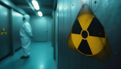 Radiation sign with adult scientist in protective suit, hazard concept.