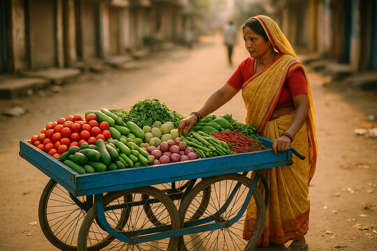 Lady selling vegetables on a thela (push cart) in morning market &ndash; lifestyle candid
