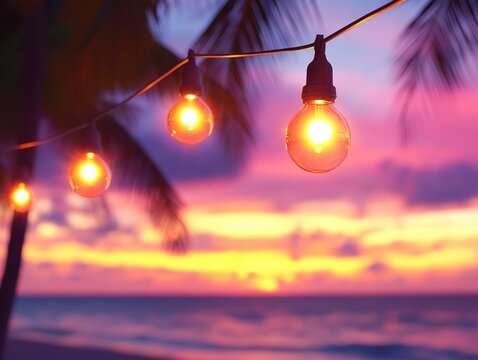 Warm string lights illuminate a tropical beach at sunset casting a soft glow over the ocean creating a relaxing atmosphere