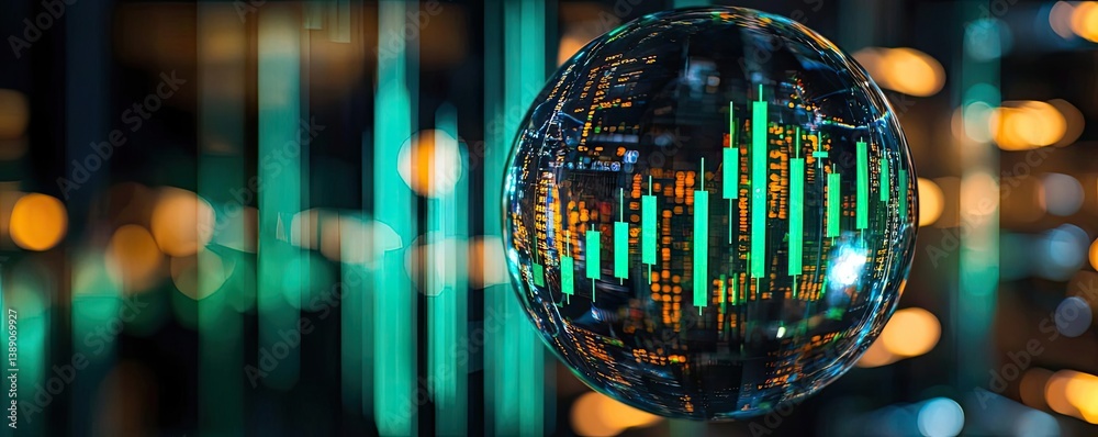 Aufkleber Candlestick in crystal globe with stock market forecast concept. Abstract digital globe showing financial data trends and analytics.