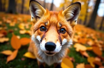 Red fox playful selfie with fish-eye lens in golden autumn leaves