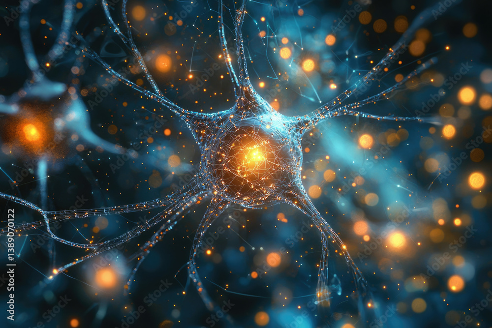 Poster Microscopic view of a neuron, its complex network of dendrites and axon highlighted with glowing nodes.