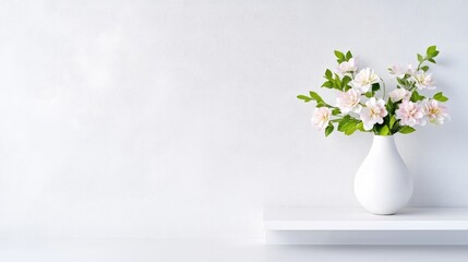 Fototapeta premium Simple floral arrangement on a shelf against a white wall