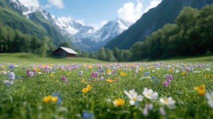 Fototapeta premium Alpine meadow, wildflowers, mountain hut, scenic view