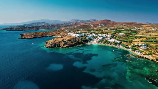 Breathtaking aerial view of Paros island showcasing crystal-clear waters and lush landscapes, Aerial panorama of greek island Paros Beautiful sea coast of Aegean sea
