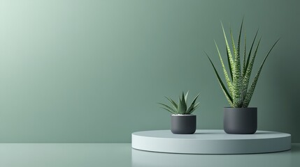 Fototapeta premium Minimalist plants on a round podium, muted green background, home decor