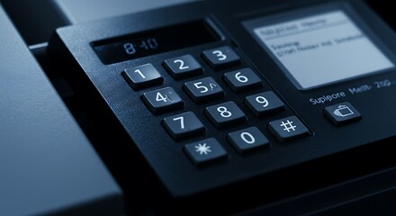 Fax Machine Close-up View of Keypad and Screen in Dim Light