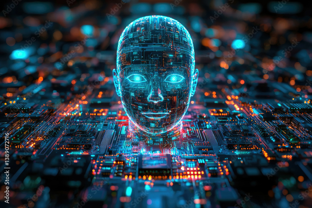 Poster A digital human head embedded within a complex circuit board, symbolizing artificial intelligence and technological advancement.