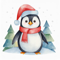 Fototapeta premium Watercolor Illustration of Christmas Penguin, Isolated on White Background