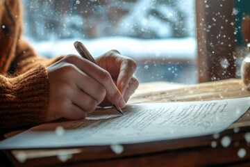 Person writing a letter with a fountain pen by a snowy window.