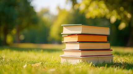 Stack of books on grass, outdoor reading concept, education and knowledge