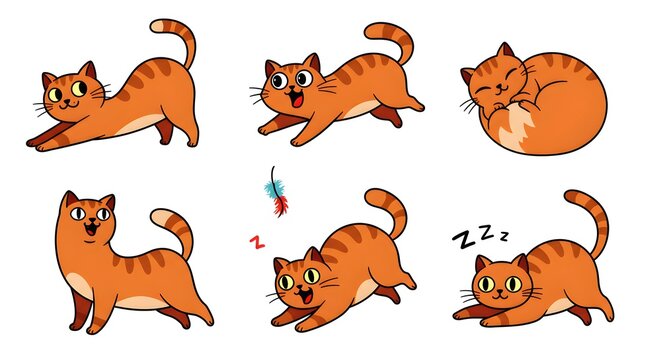 Cartoon Ginger Cat in Various Poses Illustration on White Background