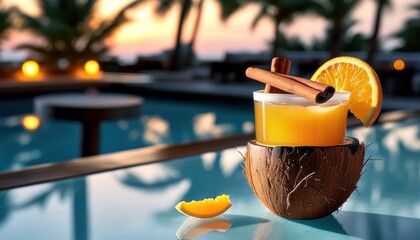 Tequila sunrise cocktail in coconut cup by the poolside at sunset with copy space