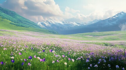 Green field with wildflowers in the morning 