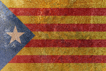 Flag of Catalonia. Dirty Catalonia state flag on rusty metal surface.