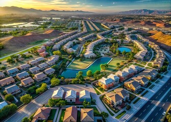 Aerial View of Summerlin, Las Vegas Suburb - Summer Streets & Homes