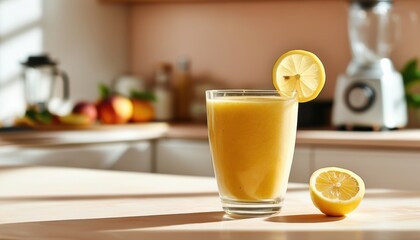 Fototapeta premium Refreshing smooth and creamy lemon smoothie in sunlit kitchen interior with copy space