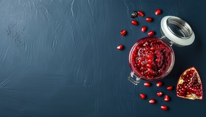 Fototapeta premium Top view of pomegranate jam in glass jar with loose seeds on dark background with copy space