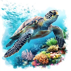 Fototapeta premium A beautiful sea turtle swims gracefully through vibrant ocean waters