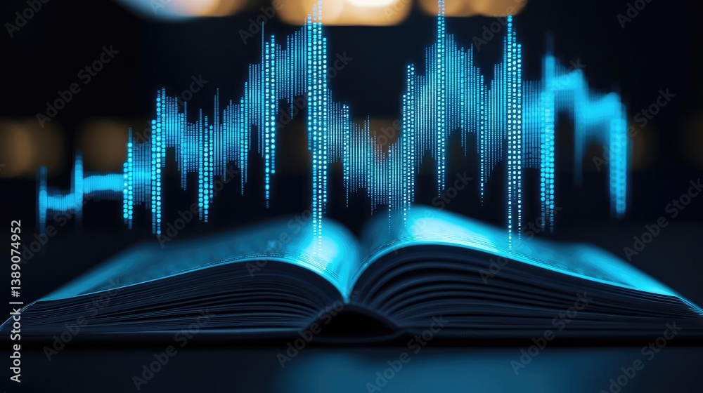 Poster open book showing historical stock market with digital lights concept. an open book with a visual so