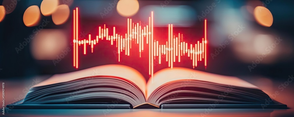 Poster Open book with vertical digital lights chart in financial reveal concept. An open book with audio waveforms illustrating sound and knowledge.