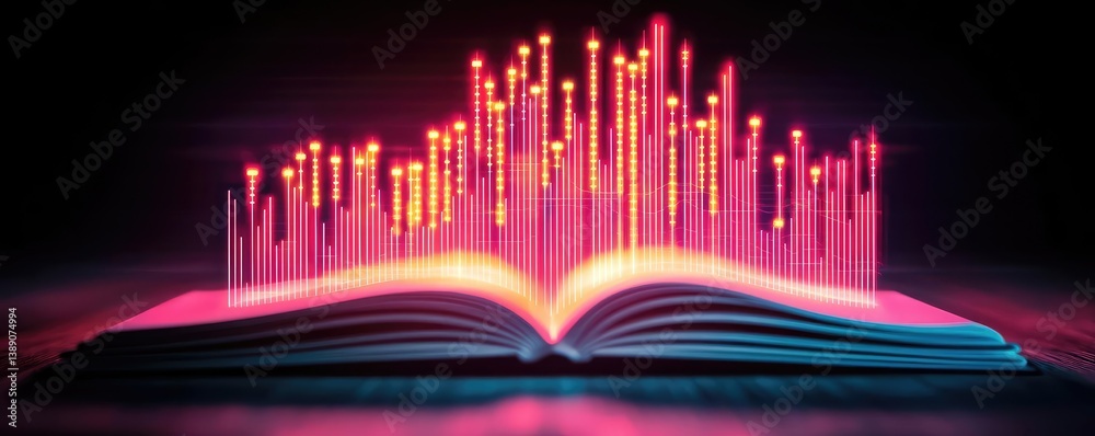 Poster open book with vertical digital lights chart in financial reveal concept. an illuminated book repres