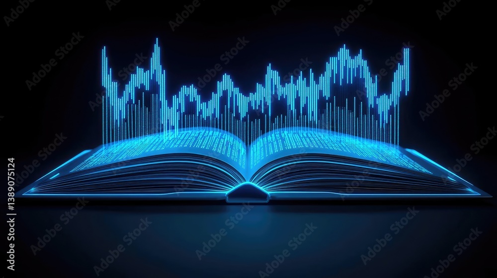 Poster open book showing historical stock market with digital lights concept. digital book with sound wave 
