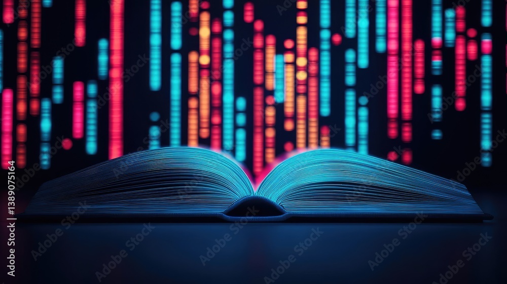 Poster open book with vertical digital lights chart in financial reveal concept. open book with glowing dig