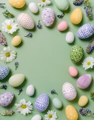 An elegant and inviting Easter flat lay composition set on a soft pastel green background. 