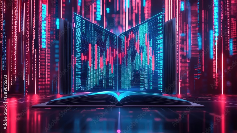 Aufkleber open book with vertical digital lights chart in financial reveal concept. futuristic digital book wi