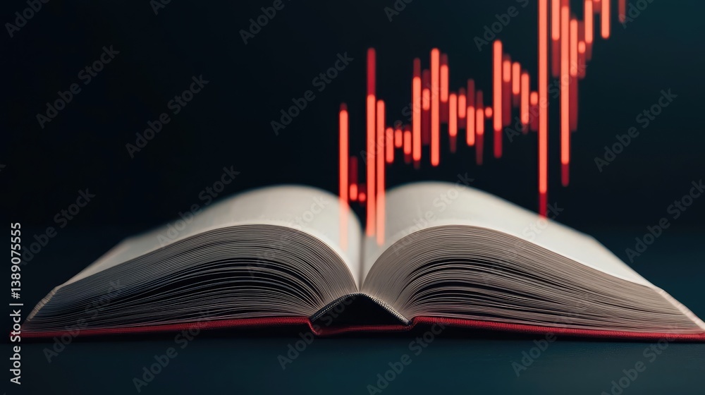 Poster Open book with vertical digital lights chart in financial reveal concept. Open book with rising graph symbolizing knowledge and growth.