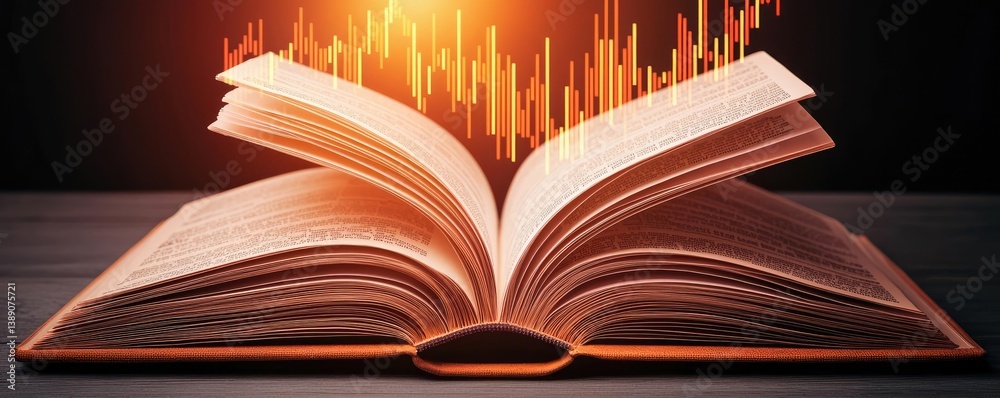 Poster Open book showing historical and contemporary stock market concept. An open book with data visualization elements emerging.