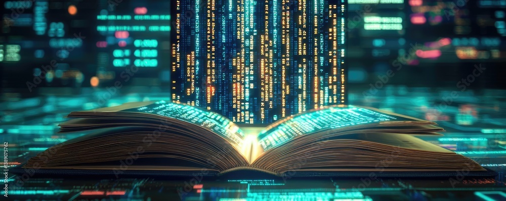Poster open book with vertical digital lights chart in financial reveal concept. a digital book emitting gl
