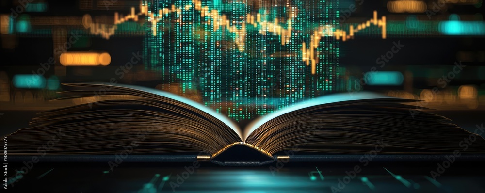 Aufkleber open book with vertical digital lights chart in financial reveal concept. open book with digital dat