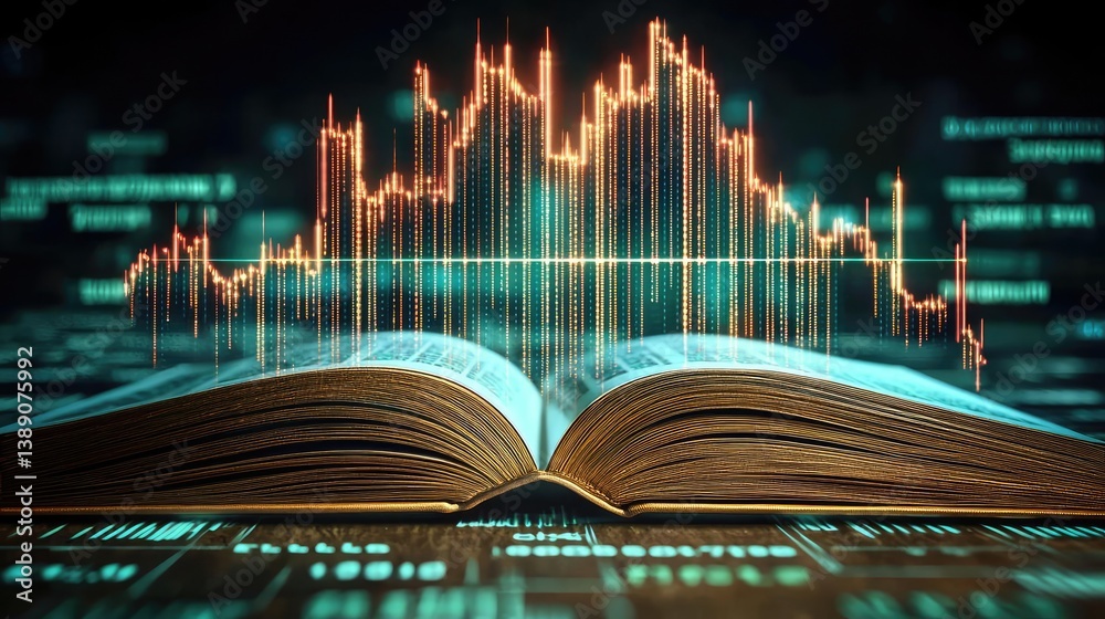 Poster Open book showing historical and contemporary stock market concept. Open book with digital graphics representing data analysis.