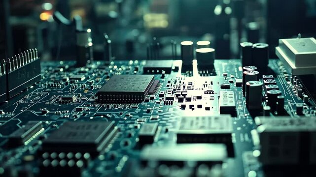 Closeup view of a illuminated circuit board showcasing microchips and electronic components, Circuit board in the spotlight, microchips and components in a dark production setting