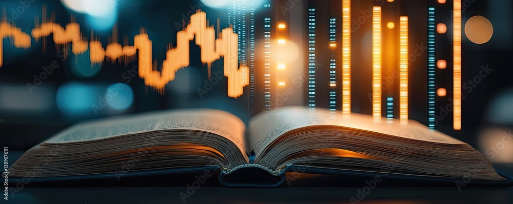 Aufkleber open book showing historical and contemporary stock market concept. open book with financial graphs 