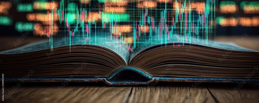 Poster Open book showing historical stock market with digital lights concept. An open book with digital data visualization graphics.