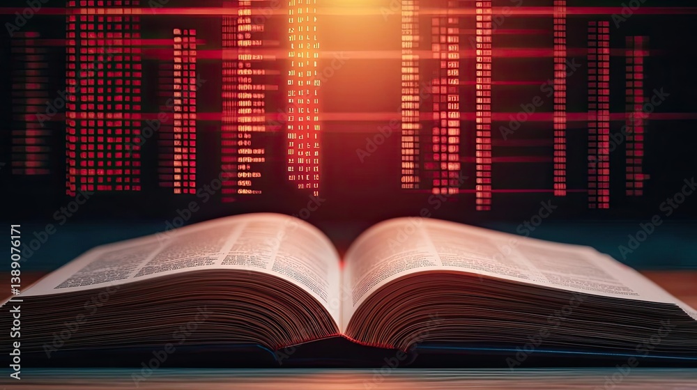Aufkleber open book showing historical stock market with digital lights concept. open book with digital data o