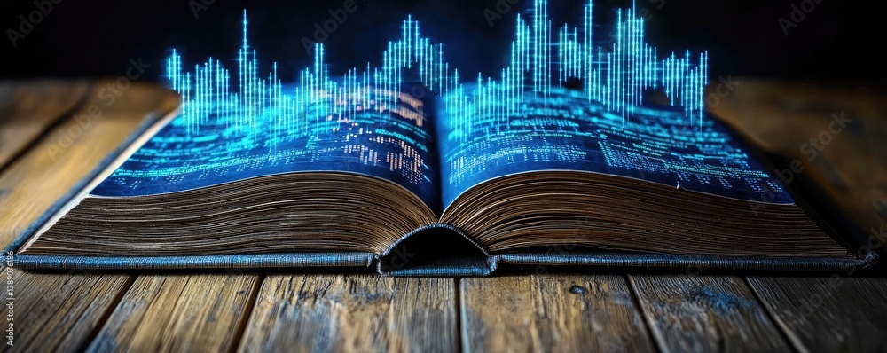 Aufkleber open book showing historical stock market with digital lights concept. an open book with a glowing c