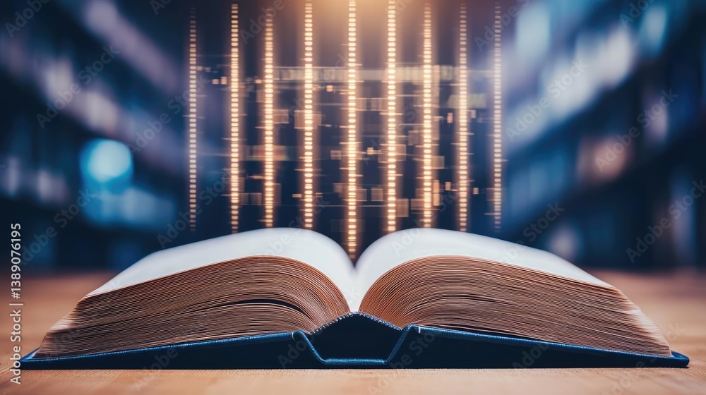 Poster open book showing historical stock market with digital lights concept. an open book with a glowing d