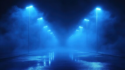 Misty blue street at night with fog and lamppost reflections