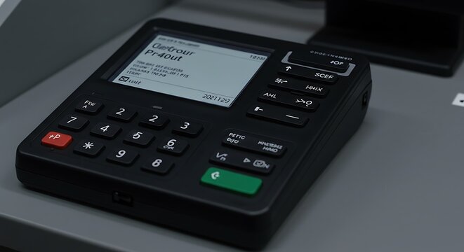 Close Up of Device Terminal with Keypad and Screen Display