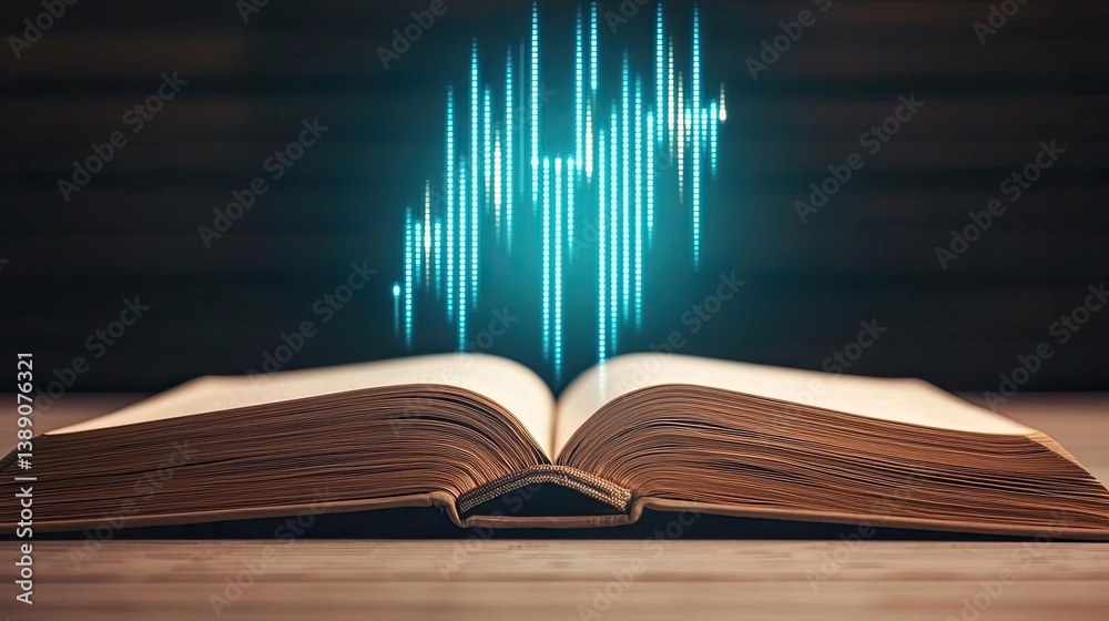 Poster open book showing historical stock market with digital lights concept. an open book with digital sou