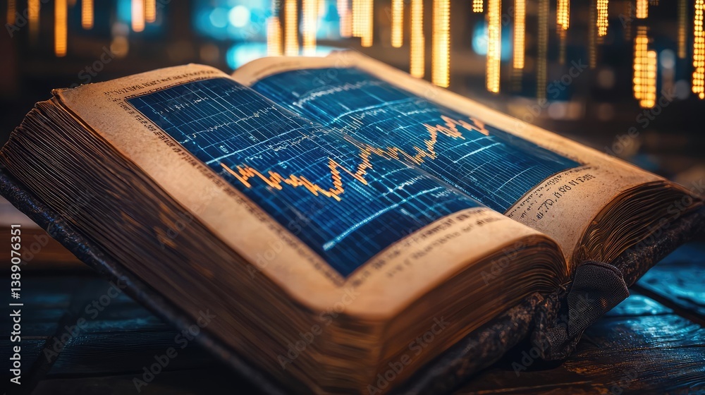 Poster Open book showing historical stock market with digital lights concept. An open book displaying financial graphs and data trends.