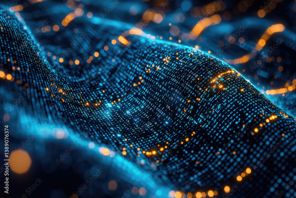 Poster Abstract digital wave of binary code data flowing, glowing with blue and orange highlights.